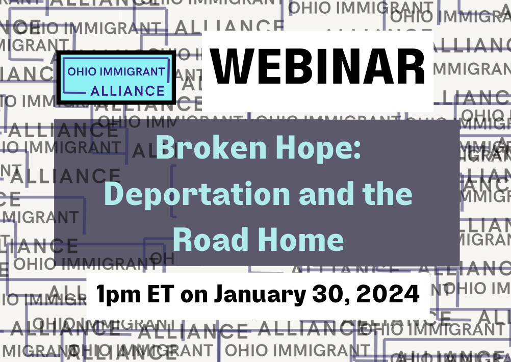 Ohio Immigrant Alliance logo appears next to "Webinar" and the title of the book featured.